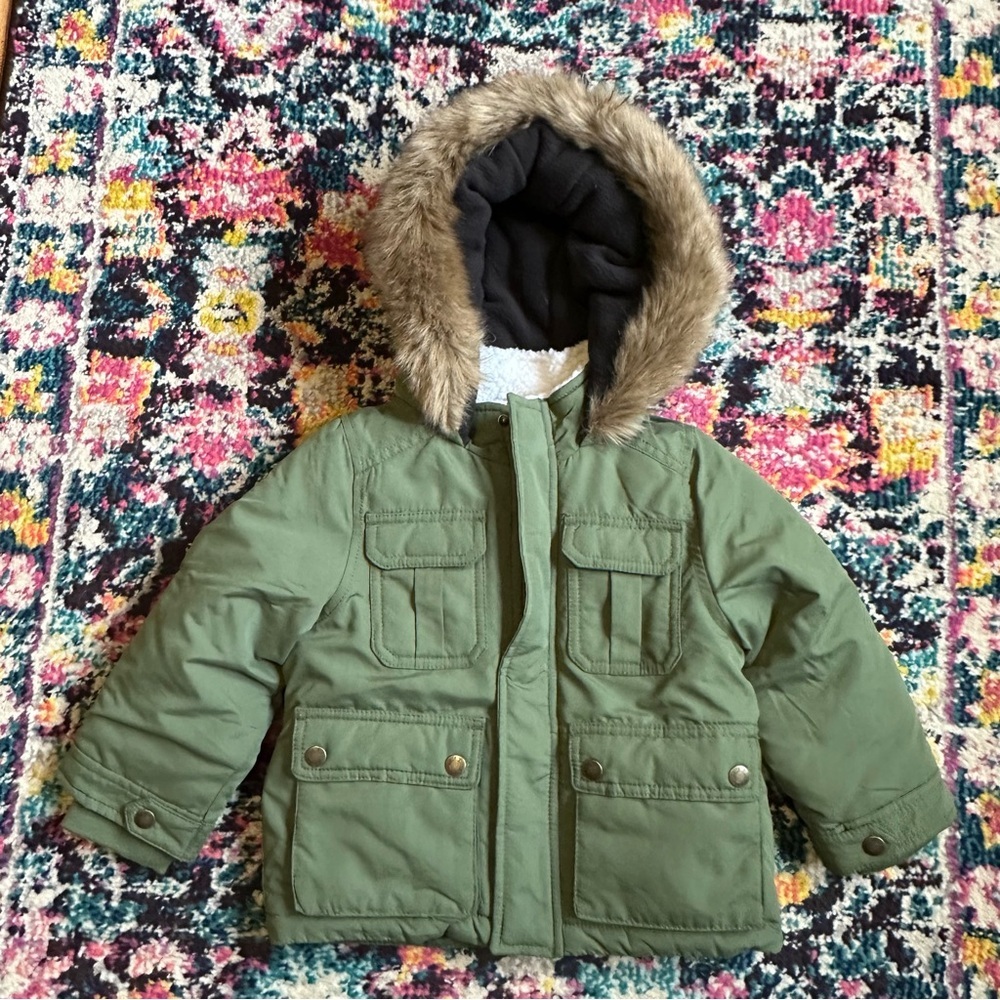 Carter’s Faux Fur Lined Hooded Parka Jacket Zip Snap Front Green Boys 2T